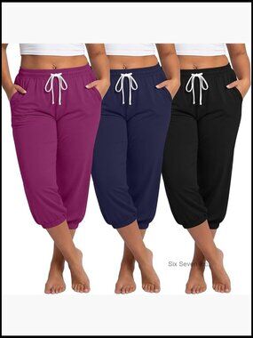 Plus Size Cotton Capri Sweatpants Joggers with Pockets Drawstring Waist 3 Pack